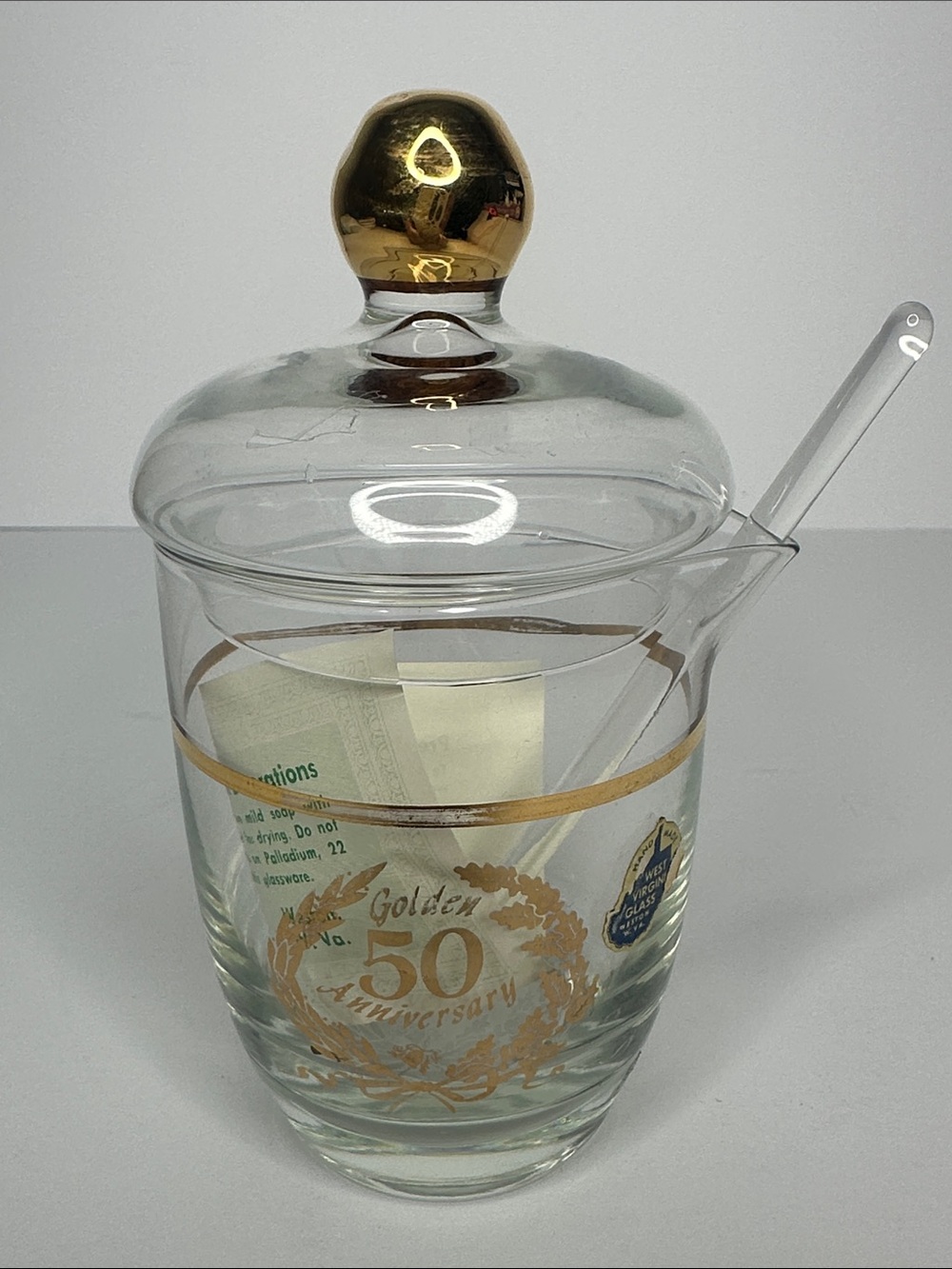 Vintage Gold-Accented Clear Glass Candy Jar with Spoon